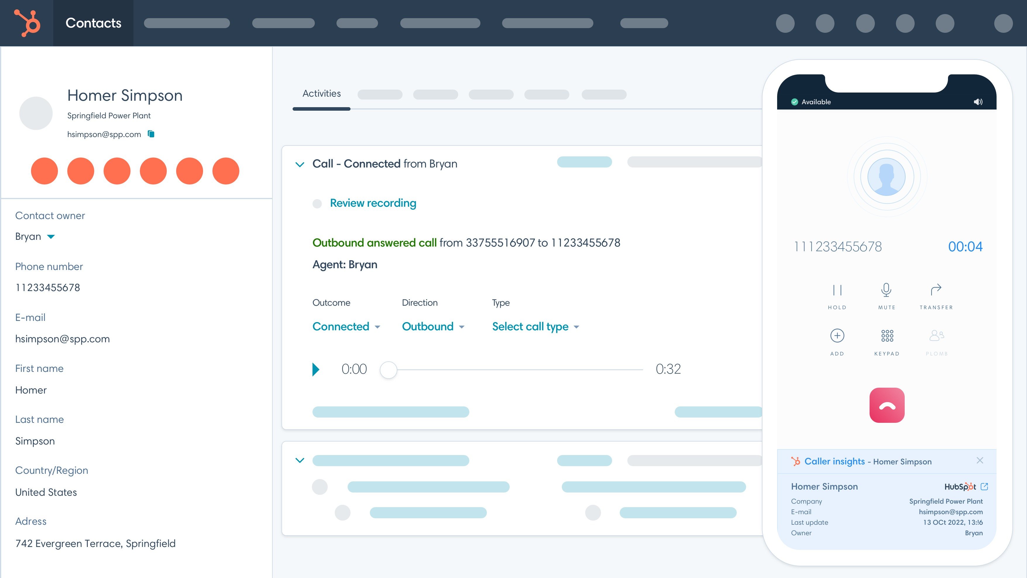 HubSpot information in the Kavkom Phone